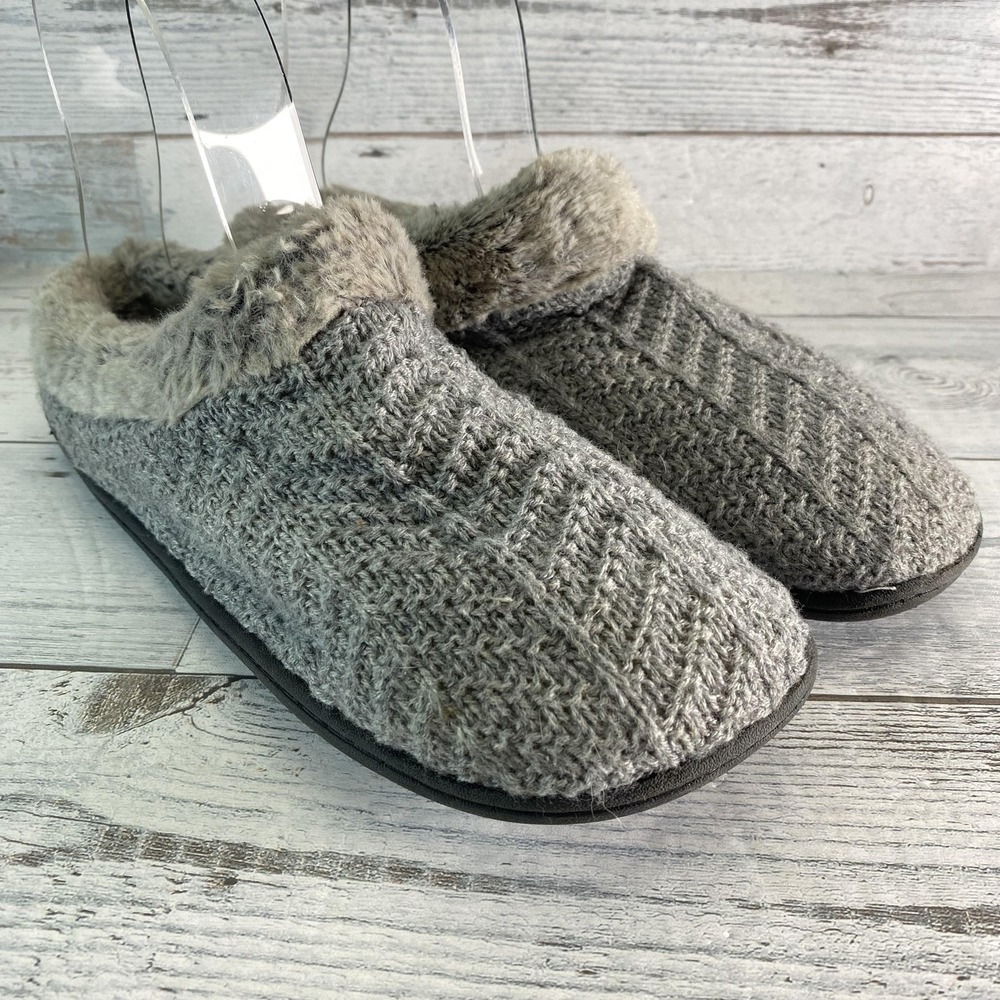 Dearfoams Slippers Womens Size 11 Gray Knit Faux Fur Lined Clog Indoor Slip On